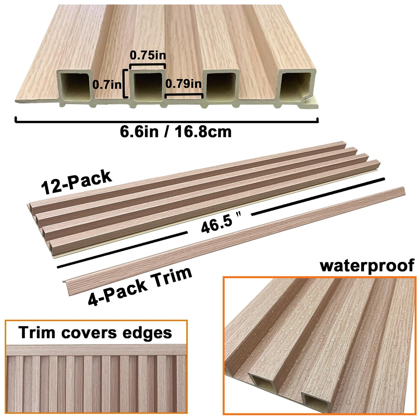 YU LI 3DH WPC Slat Wall Panels 12-Pack 48x 6in & 4 Trim Accent Grey Wood Grain 3D Wall Panels Interior Wall Modern Décor