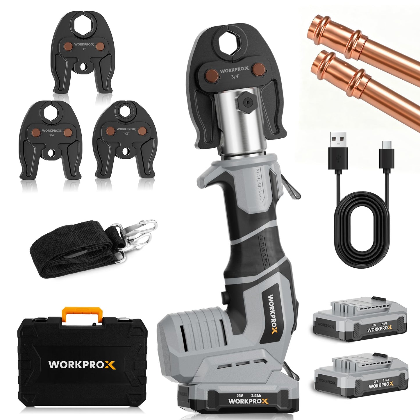 WORKPROX Press Tool, 20V Brushless Electric Pipe Crimping Tool for 1/2", 3/4", 1" Copper Pipes, Cordless Press Tool Kit with 3 Press Jaws, 2-Pack 2.0Ah Batteries with Carrying Case