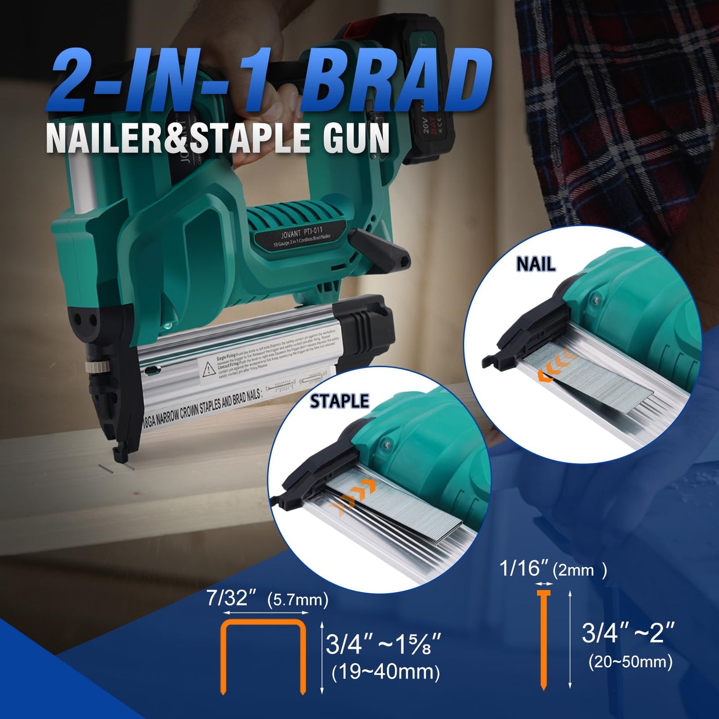 Cordless 18GA Nail Gun and 7/8" Angle Grinder, 2 in 1 Brad Nailer Cordless with 2 * 4.0A Batteries, for Woodworking, Flooring, Roofing and Upholstery JOVANT