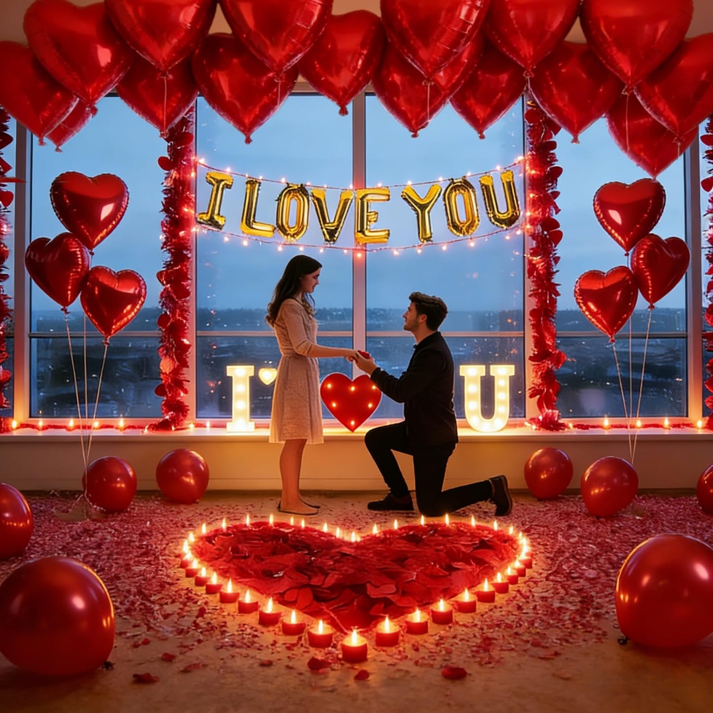 Ultimate Valentines Day Romantic Decorations Special Night for Bedroom with 33FT Lights,5000 Rose Petals and Candle Set for Hotel Room Home Decor,Valentine Anniversary I Love You Balloon&Letter Sign
