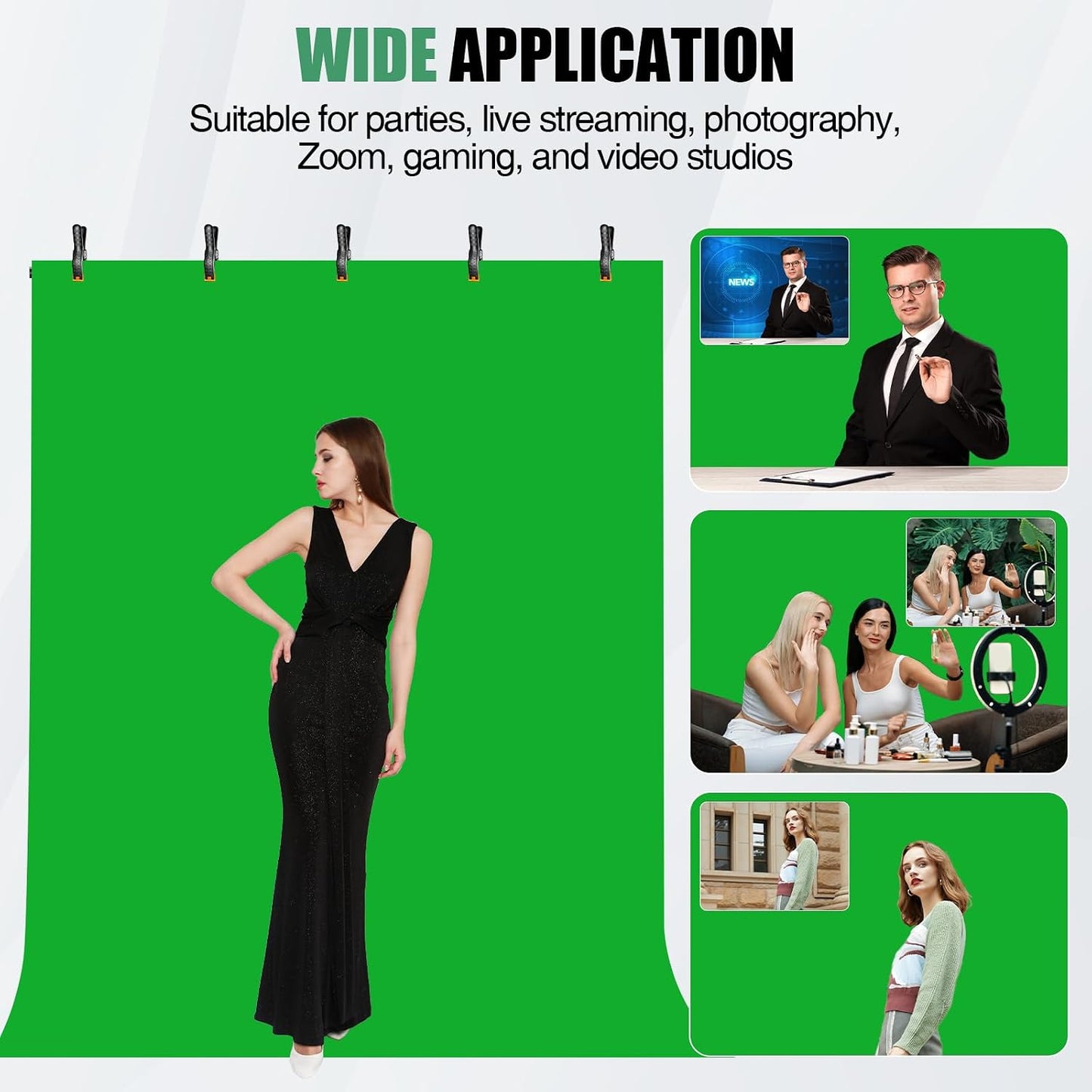 Qoolfoto 57ft 5 Green Screen Backdrop Kit, Portable Greenscreen Background with Adjustable T-Shaped Stand, Clamps