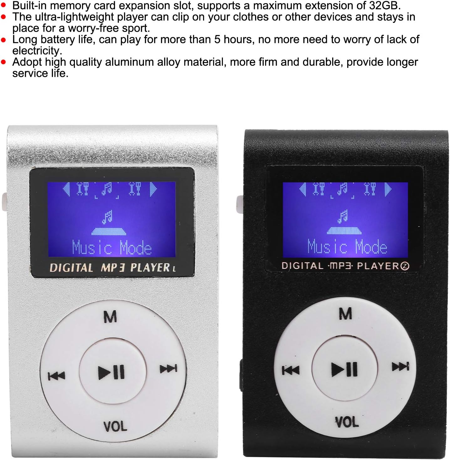 ciciglow MP3 32G,Suitable Mini Player,Mini LCD Screen Display USB Music Player,with Earphones,Ultra-Light Clip-on