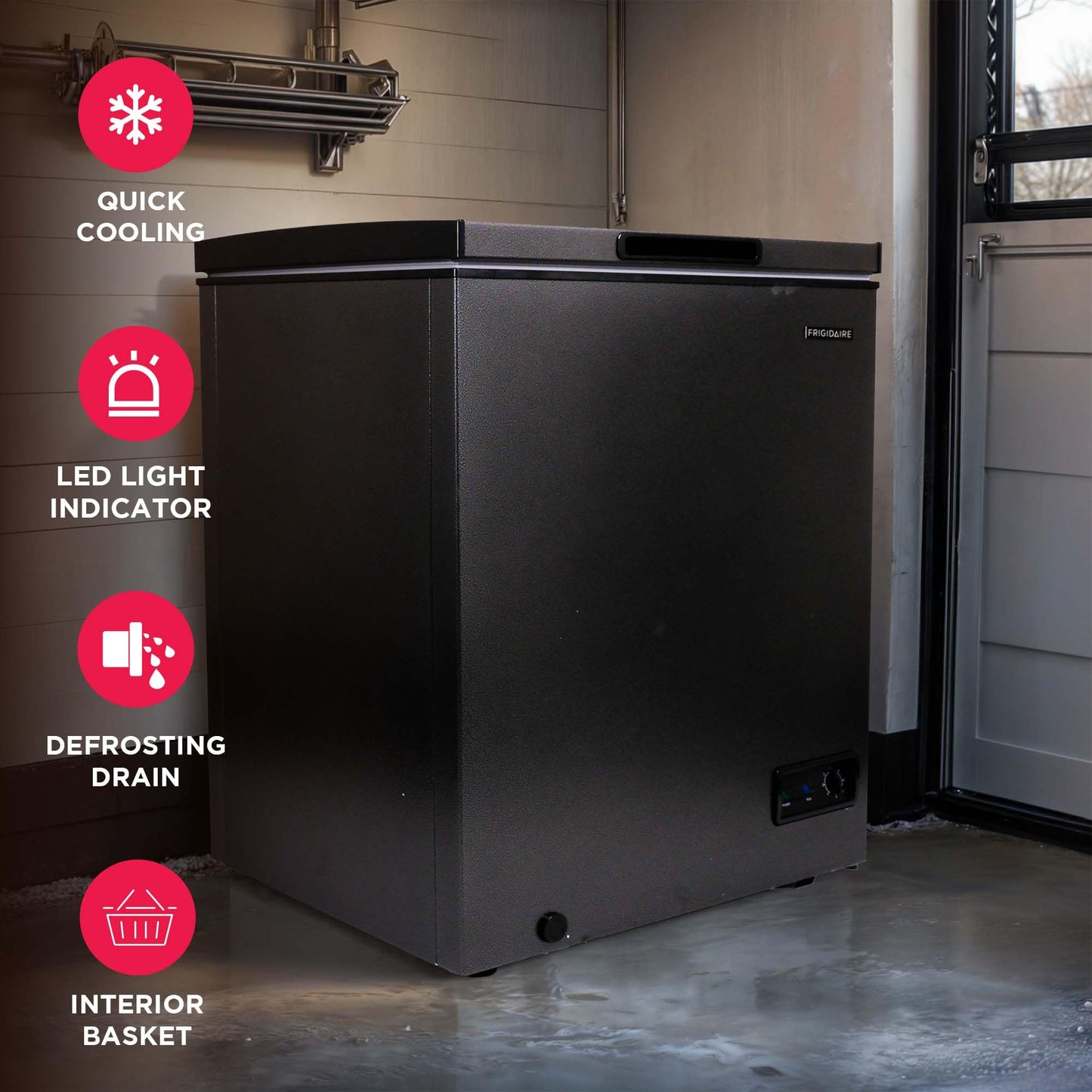 Frigidaire Chest Deep Freezer, 5 Cu. Ft. Capacity, Granita Rugged Design-Adjustable Thermostat-Removable Vinyl Coated Wire Basket-Easy Defrost Drain