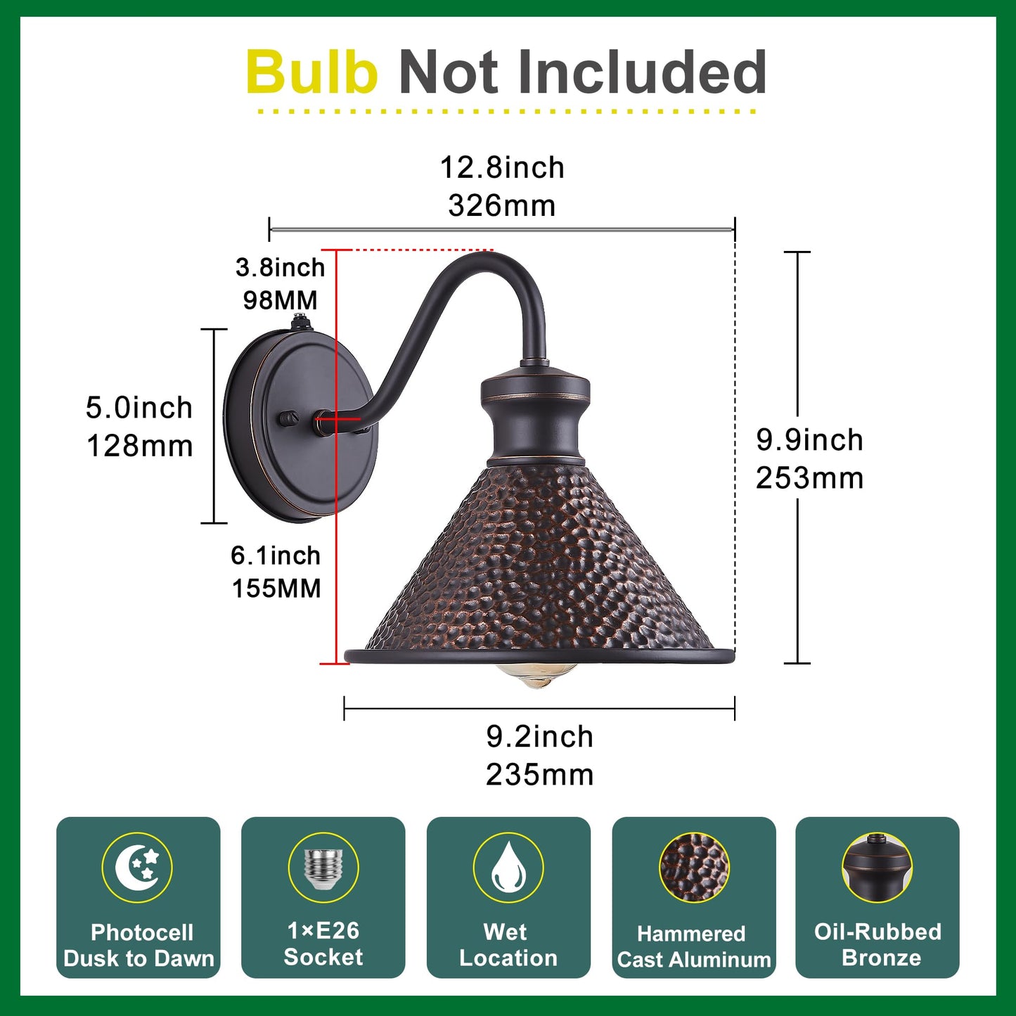Tarentlight Outdoor Gooseneck Wall Sconce, 1-Light E26, Aluminum, Oil-Rubbed Bronze, Model W2412DTD-ORB, Anti-Rust, Waterproof