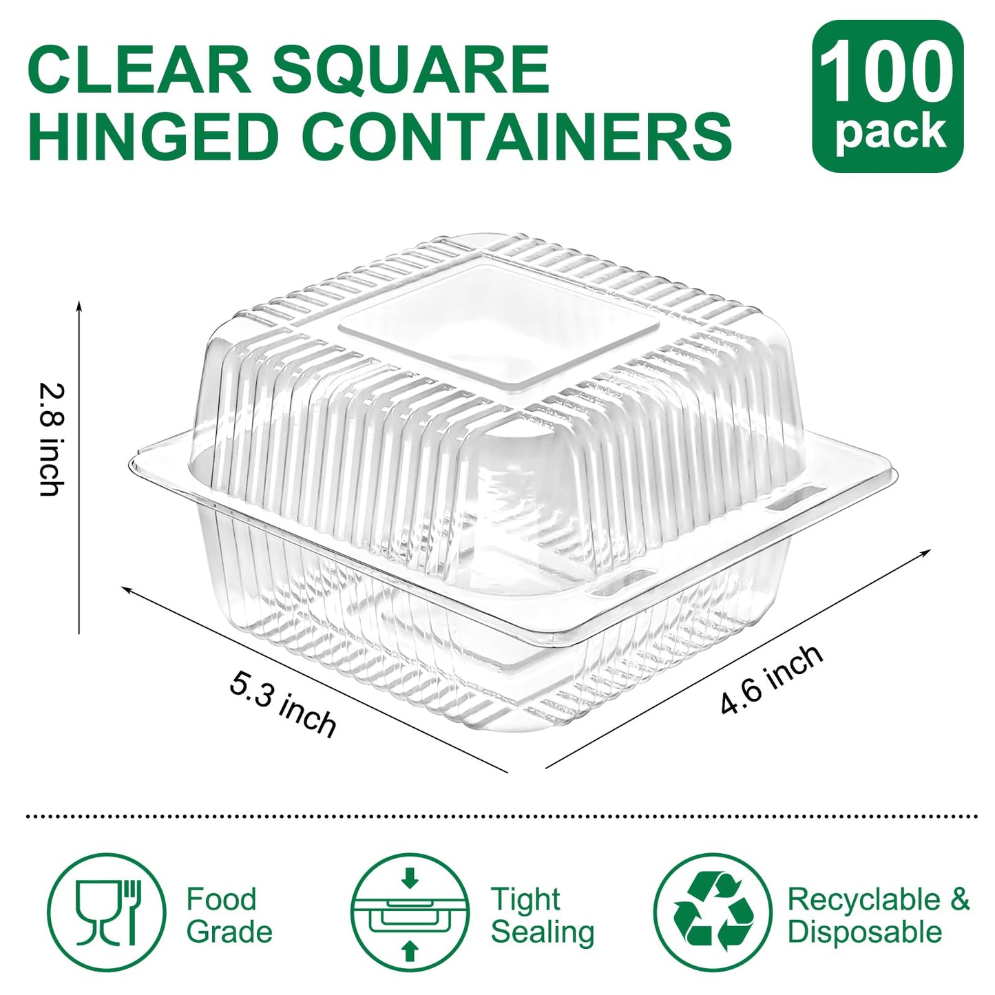 TOFLEN 100 Pack Plastic Clamshell Food Containers, Clear Square Cake Slice Containers with Hinged Lids, Disposable To Go Boxes for Mini Cake, Salad, Sandwich, Dessert, Cookie