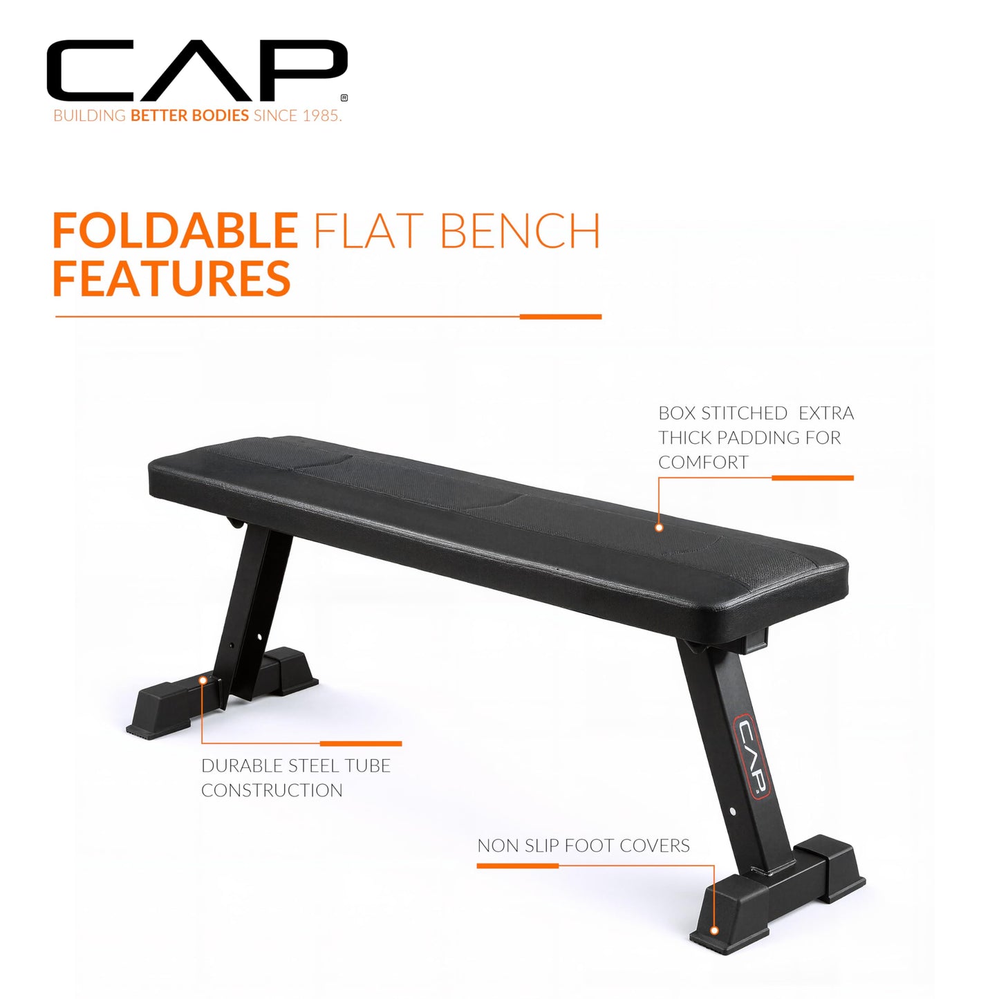 CAP Barbell Foldable Flat Weight Bench | Folding Workout Bench with Steel Frame, Thick Box-Stitched Padding & 600 LB Capacity | Compact Home Gym Strength Training Bench