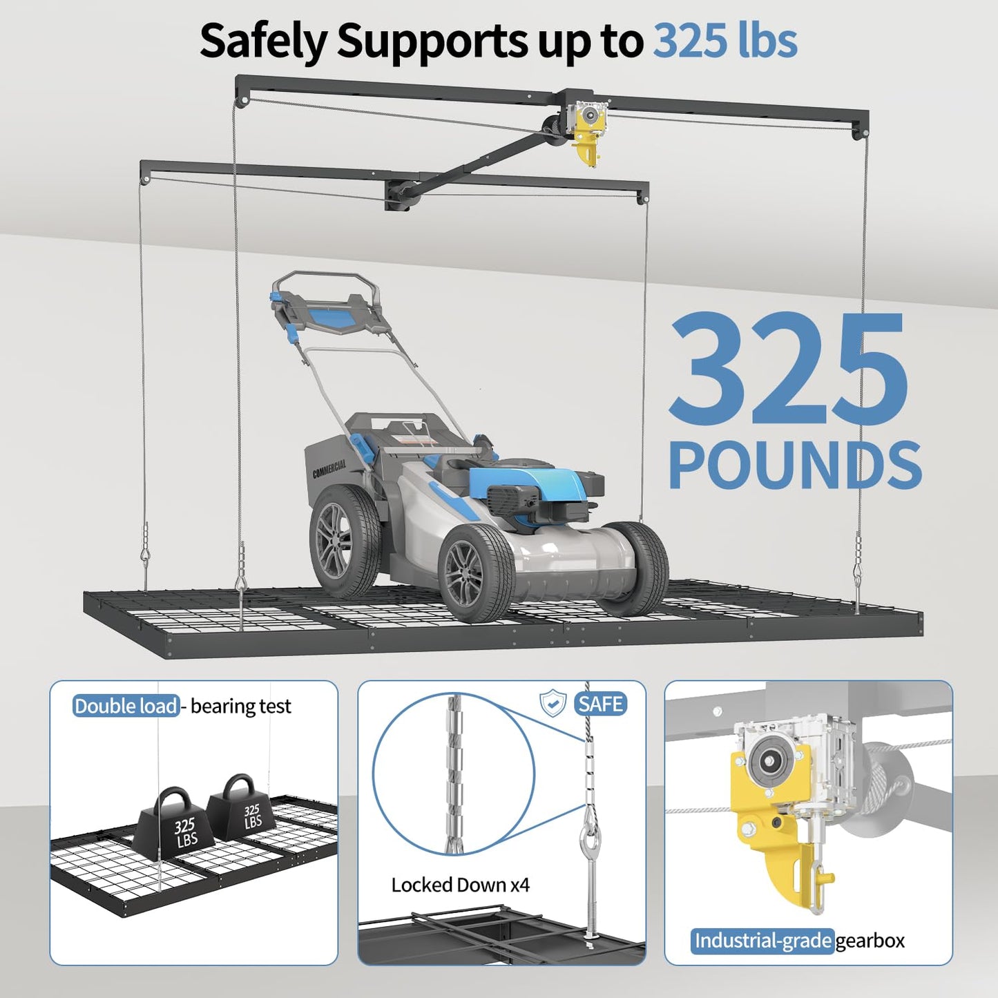 Overhead Garage Storage Rack – 4x8 FT Garage Ceiling Storage Racks with Safety Lock, Heavy-Duty Ceiling Mounted Lift System and Storage Organizer, Ideal for Maximizing Overhead Space, 325 lbs Capacity