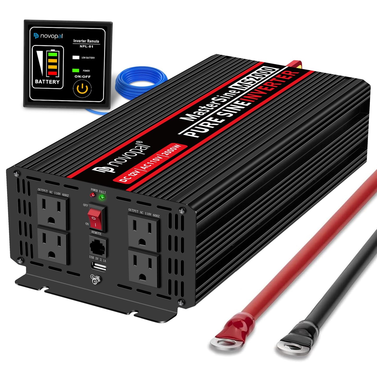 NOVOPAL 2000W Pure Sine Wave Power Inverter 2000 Watt 12V DC to 110V 120V AC,4 AC Outlets, 1 x USB Ports for Off-Grid Solar Car RV Truck Boat with 16FT Wired Remote