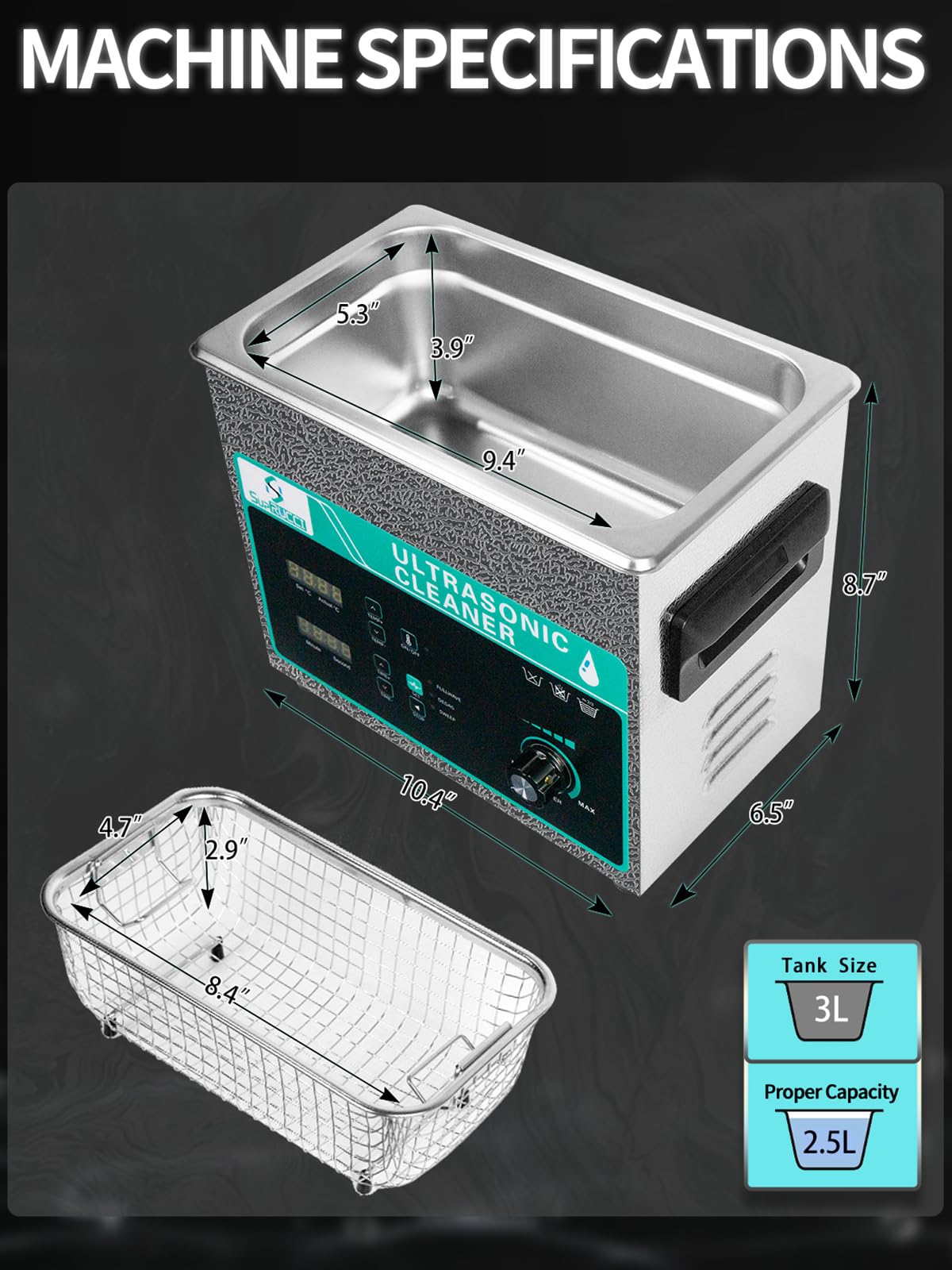 SupRUCCI Ultrasonic Cleaner 3L with Adjustable Power & Sweep, 120W Ultra Sonic Cleaning Machine, Digital Timer and Heater, Heavy-Duty Parts Cleaner for Industrial, Motorcycle, and Hardware Tools