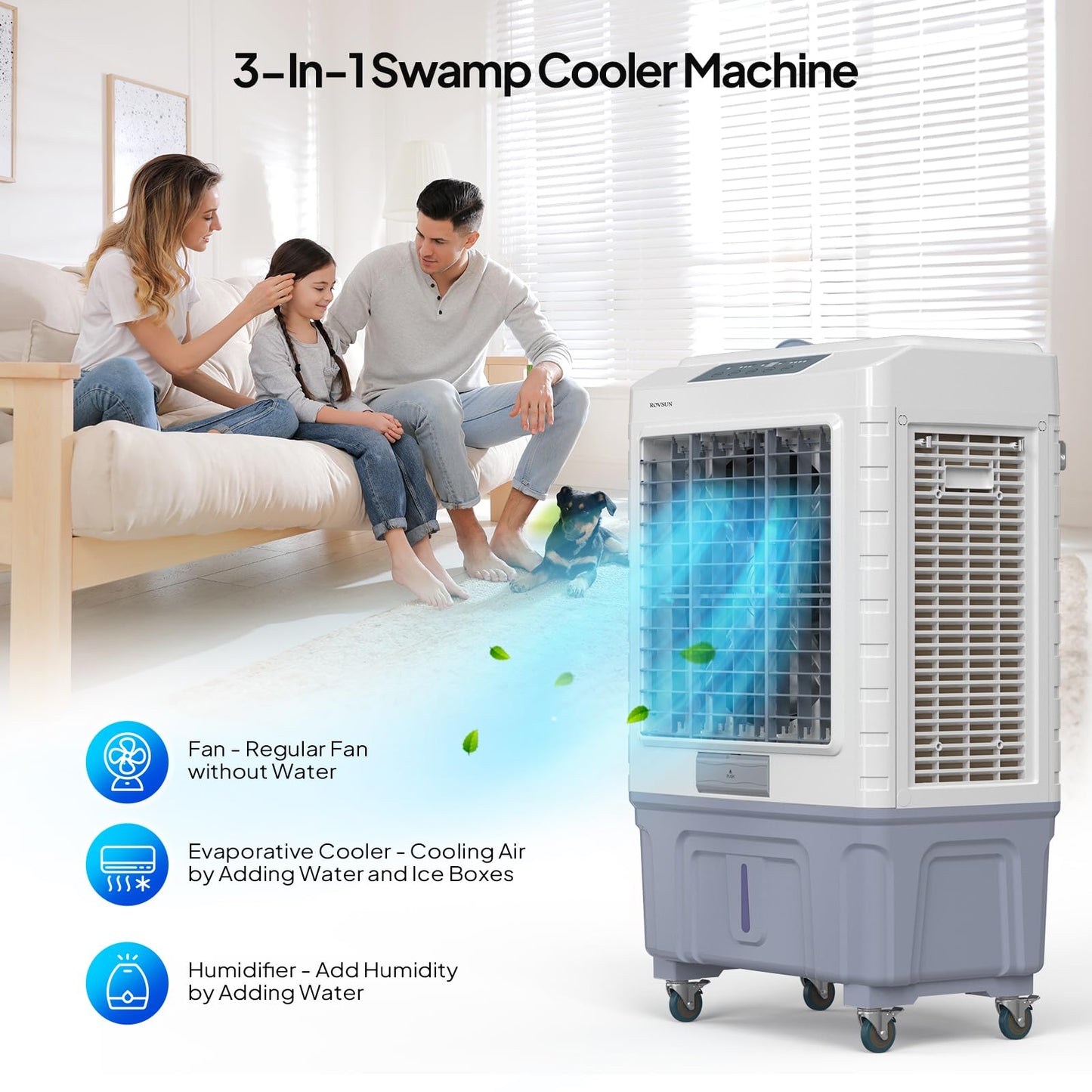 ROVSUN 13.2Gallon Evaporative Air Cooler, 4100CFM Portable Swamp Cooler with Remote Control, Oscillation, 3 Speeds, 7.5H Timer & 50L Water Tank, 3-IN-1 Cooling Fan for Home Office Garage Outdoor