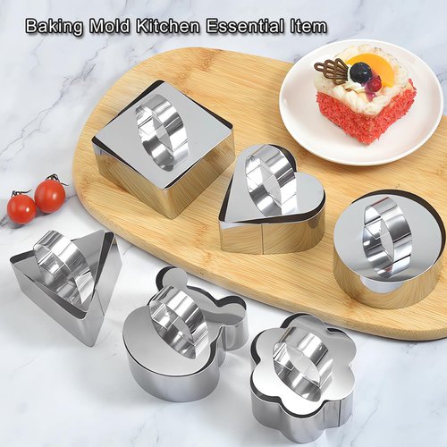BAILIQI 6Pack Cake Rings Mould 3.15 inch, with Pusher Stainless SteelRound Square Flower Heart Triangle bear Dessert Mousse Cooking Baking Pastry Tool Crumpet Molds (Include 6 Rings and 6 Pusher)