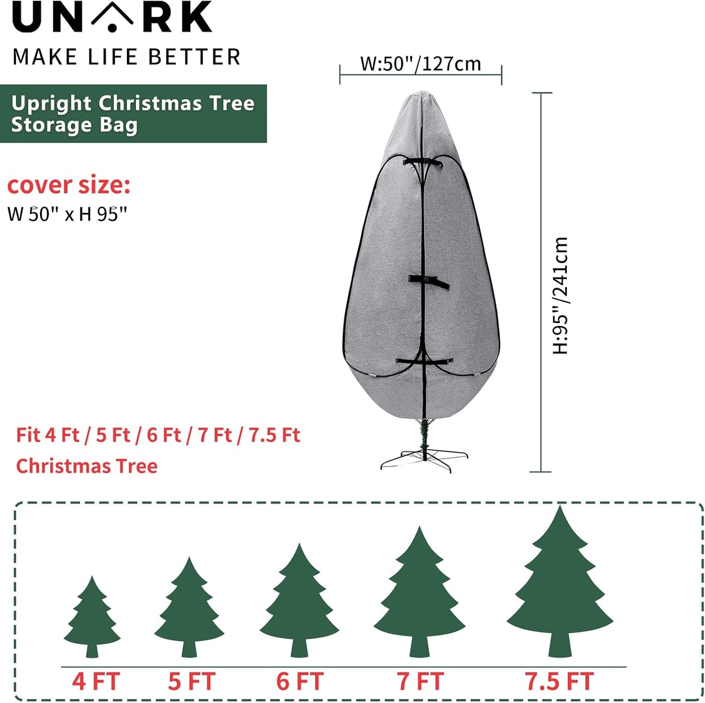 Upright Christmas Tree Storage Bag - Durable Cover for 6.5 Ft to 7.5 Ft Trees | Gray
