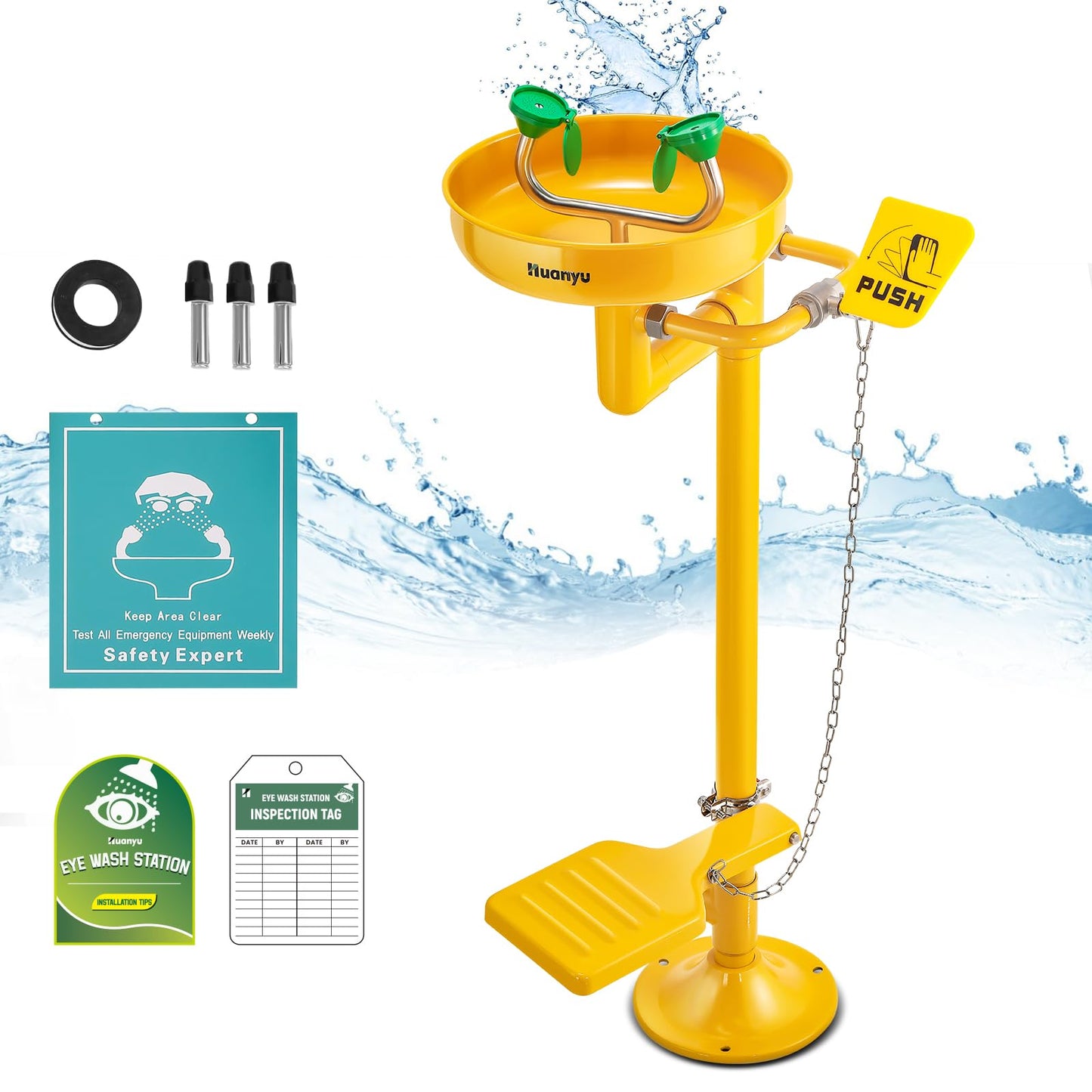 Huanyu Stand Up Eye Wash Station Floor Mounted Eyewash Station Adjustable Water Flow Emergency Eye Washing Station Stainless Steel with Eye Wash Sign Factory (1207-1 Yellow)