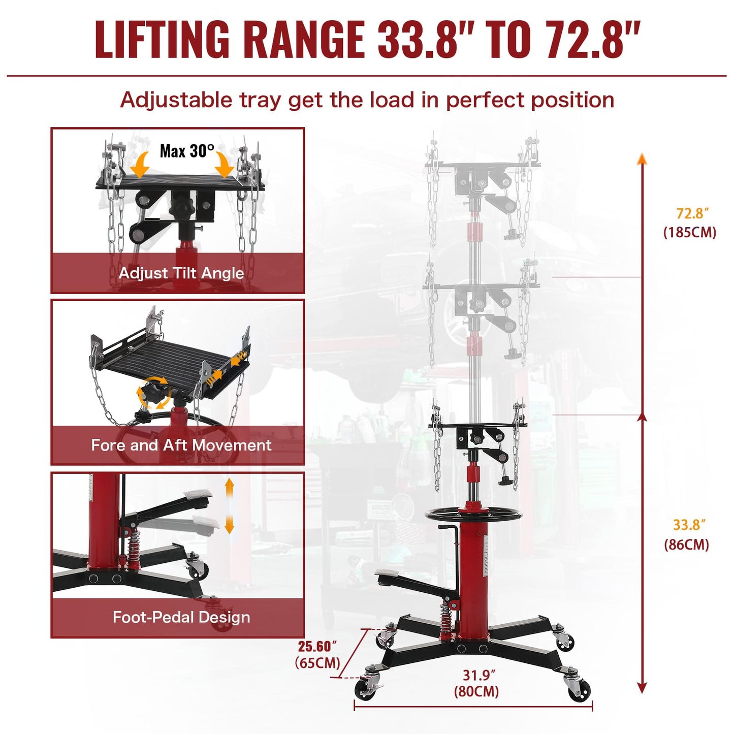 1100lbs Transmission Jack Lift with Anti-Slip Rubber Pad, Adjustable Telescoping Hydraulic Transmission Jack, High Lift Single Telescopic Jacks Hoist w/Pedal, 33.8" to 72.8" Lifting Range