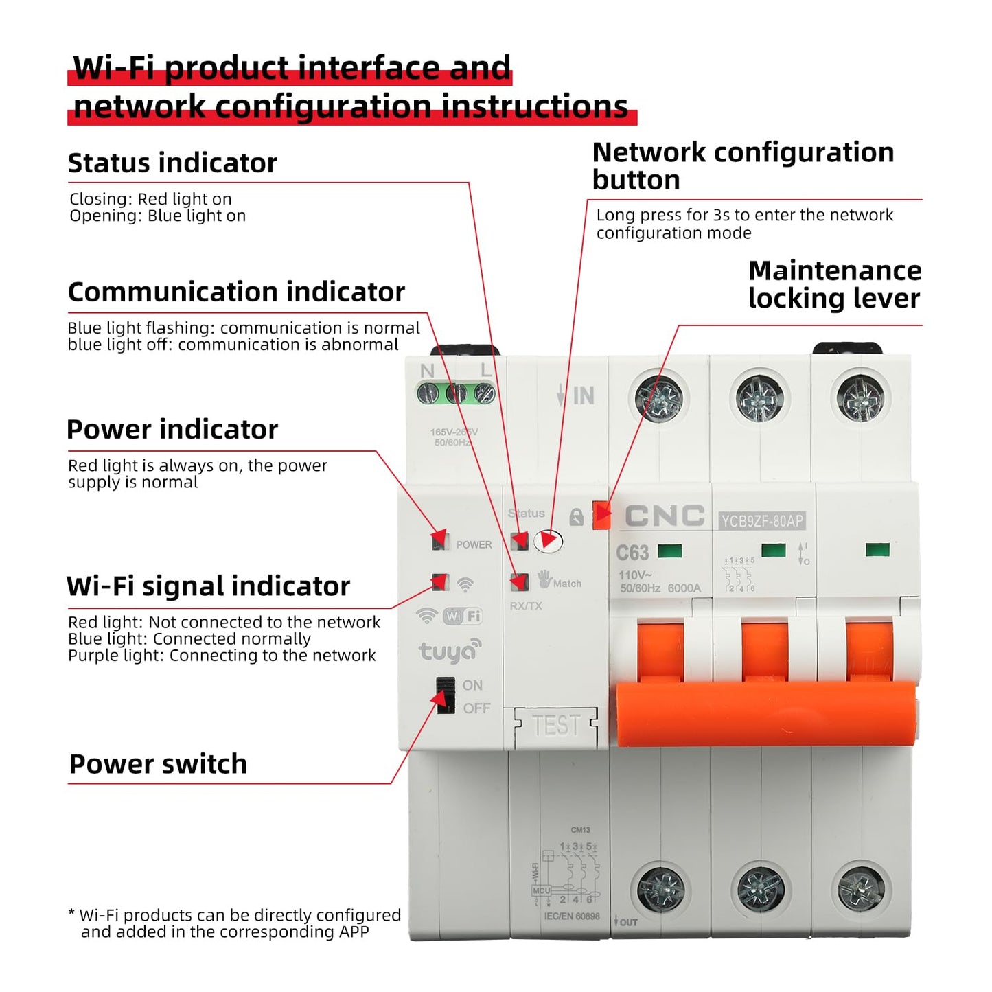 CNC 110V 3P Smart WiFi Circuit Breaker MCB WiFi Power Metering Circuit Breaker Smart Life Remote Control Automatic Wireless Interruptor Reclosing Switch(3P 1-63A Adjustable)