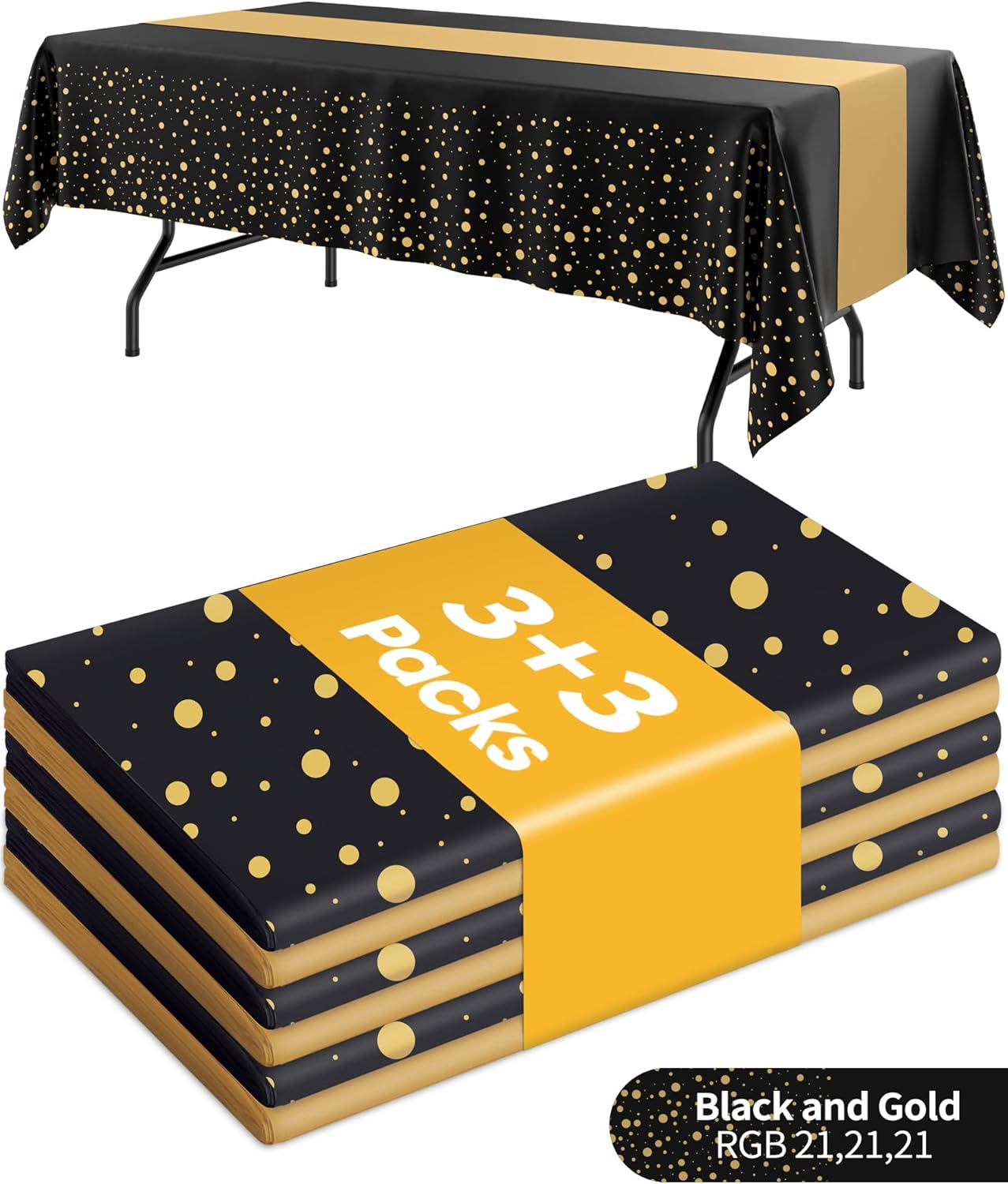 Niuara Table Cloth Set - Black and Gold Disposable Rectangle Table Covers | 3 Tablecloths + 3 Runners for Events
