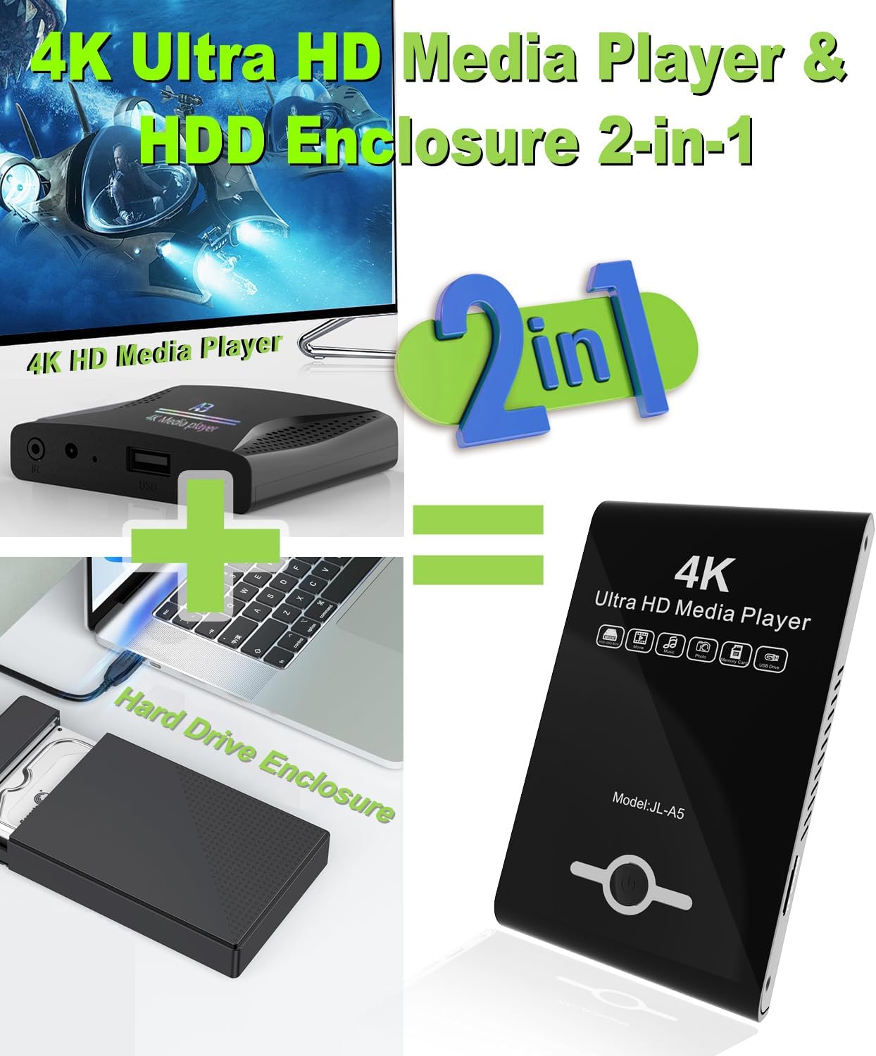 JLZNLC 4K 2-in-1,Digital H.265/HEVC H.264/AVC MP4 Videos,MP3 Card,4k Ultra HD Media Player & HDD Enclosure Signage