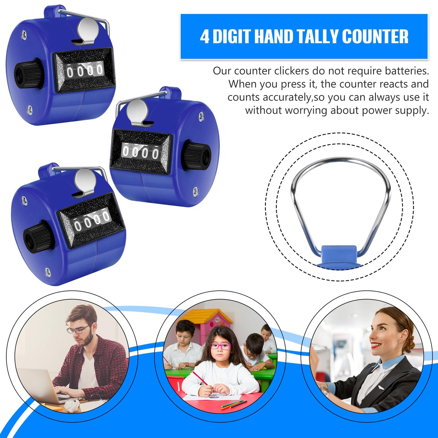 TOODOO 6 Pack Hand Tally Counter 4 Digit Mechanical Palm Clicker Plastic Hand Held Counter Clicker with Metal Finger Ring for School Golf Sports Events Office Stadium(Blue)
