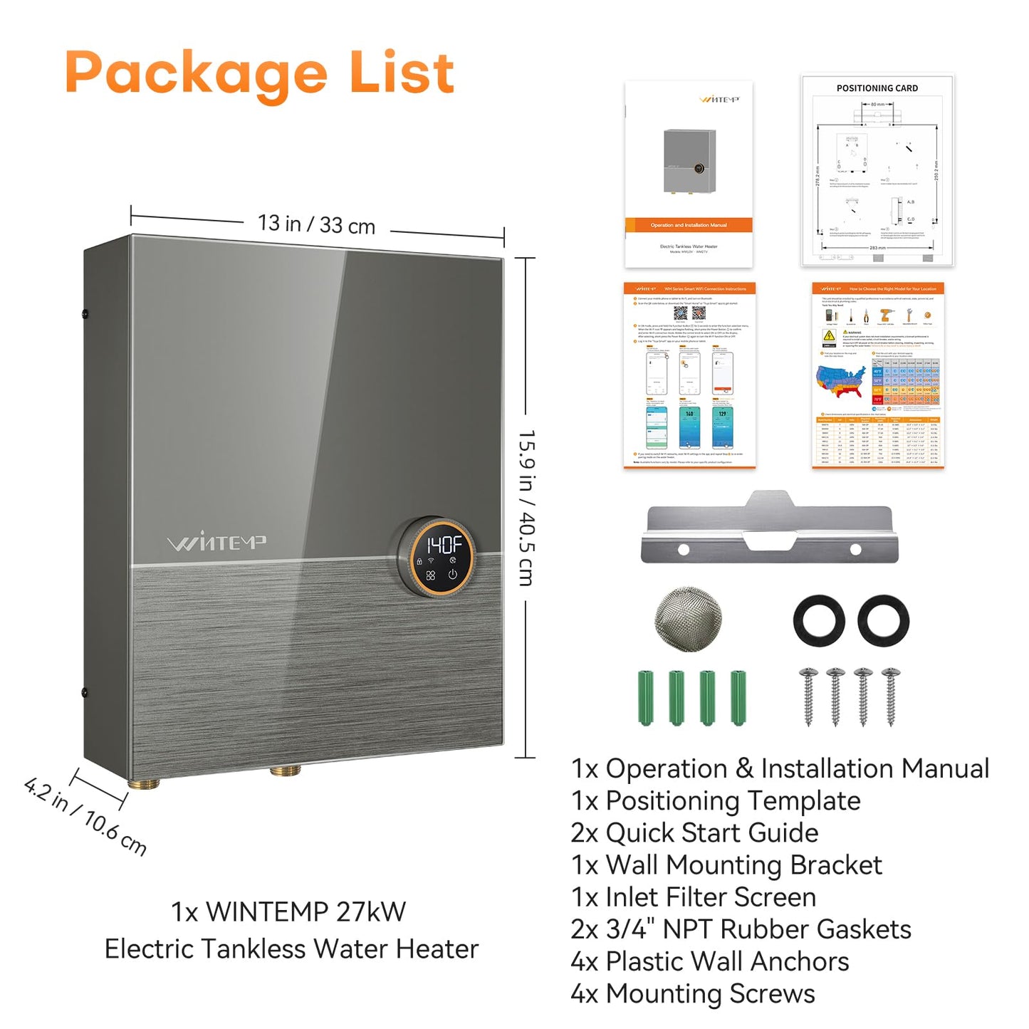 Wintemp 27kW Tankless Water Heater Electric 240V, Whole House On Demand Hot Water, Automatically Maintains Water Temperature, Up to 6.5 GPM, WiFi Control, ETL Eertified, Eco, WM27V Plus