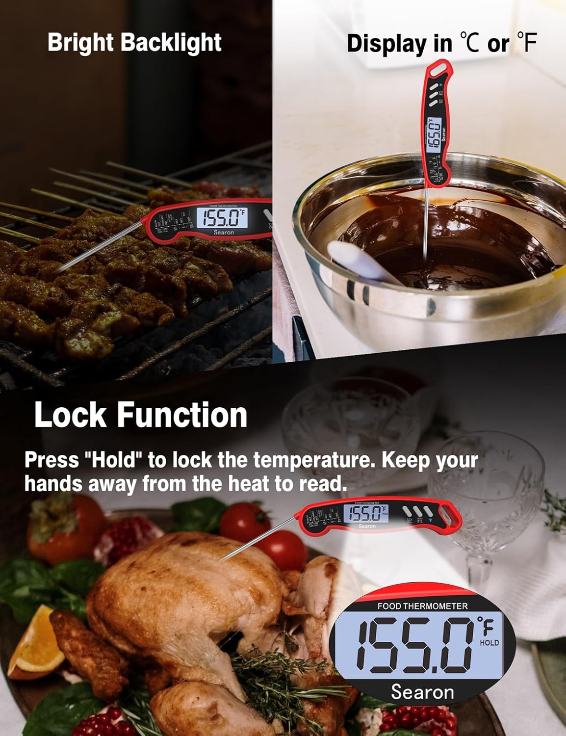 Searon Digital Meat Thermometer - Instant Read, Waterproof Design for BBQ, Grilling & Baking