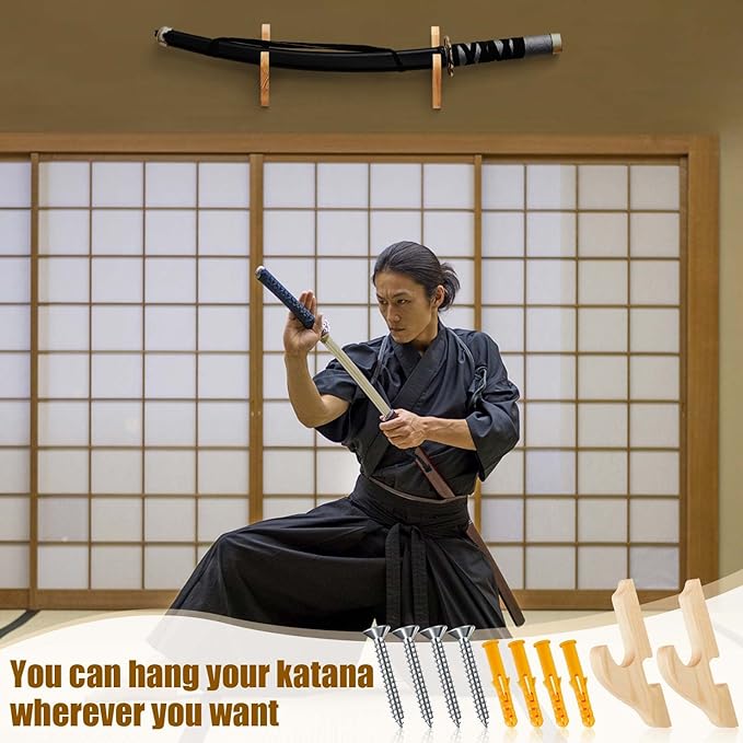 Chunful 2 Pcs Sword Wall Mount Sword Holder Katana Stand 1 Tier Hanger Adjustable Wooden Mounts for Samurai(5.91 x 2.76 x 1.38 Inches,Wood Color)