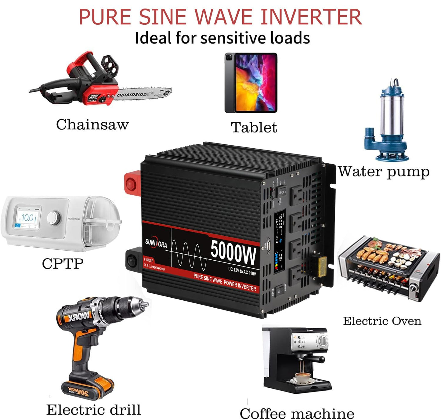 5000 Watt Pure Sine Wave Power Inverter, 12V DC to 110V/120V AC Converter 10000W Peak, with Remote Control LCD, 4 AC Outlets & USB Port & Hardwire Terminal, for Car Truck RV Camping Solar System EPS