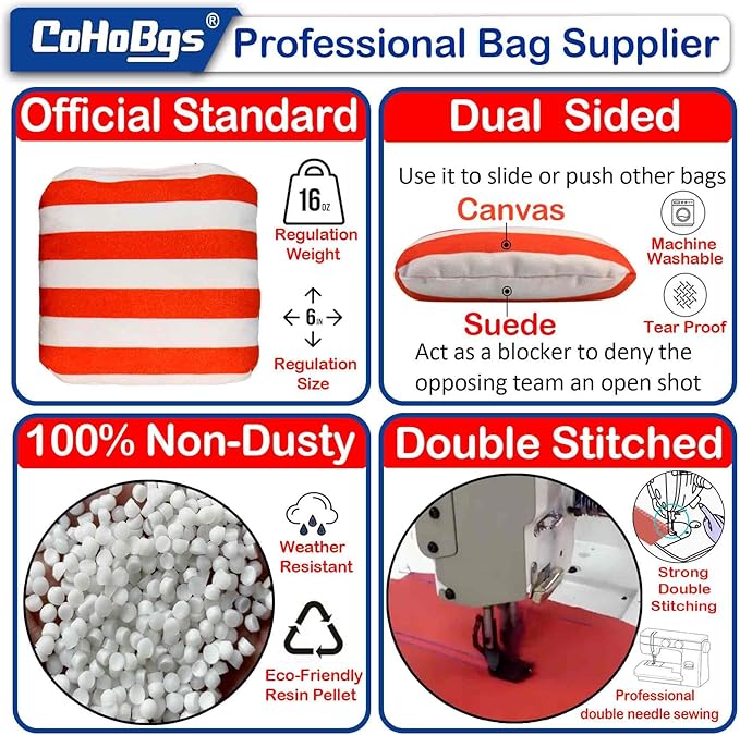 CoHoBgs Corn Hole Bags Set 8, Professional Cornhole Bags Dual-Sided Slick & Stick Resin Filled Suede and Duck Canvas Bean Bag for Cornhole Game Includes Carry Case