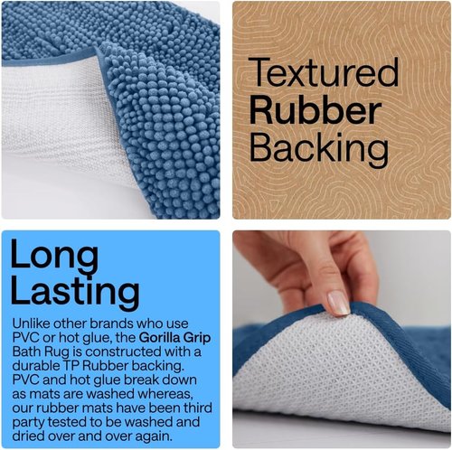 GORILLA GRIP Bath Rug Mat - Soft Absorbent Chenille | Quick Dry Microfiber, 60x17, Blue
