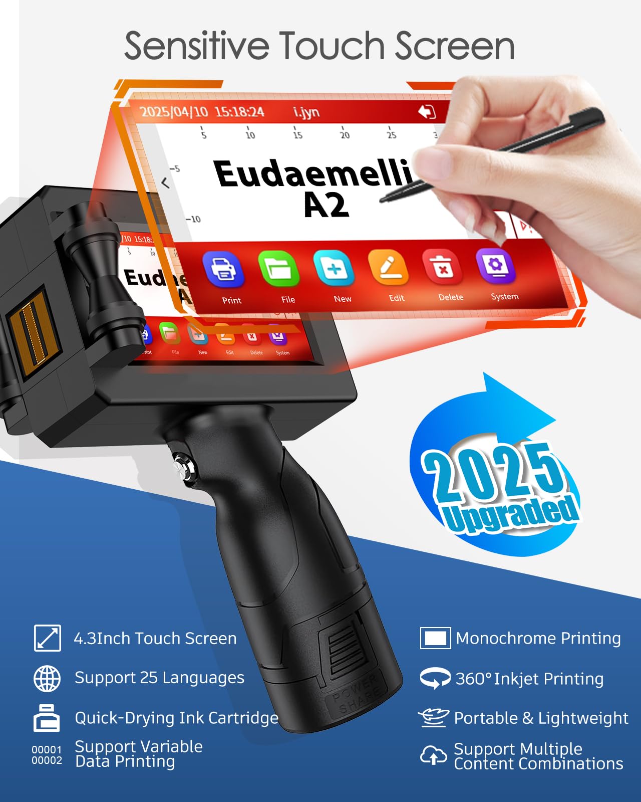 1" Handheld Inkjet Printer Gun,A2 Portable Ink Batch Coder with 42ml Fast-Drying Ink,4.3" Touch Screen Hand Held Printers for QR Code,Barcode,Batch Number,Text,Date Printer (Printing Height: 2-25.4mm)