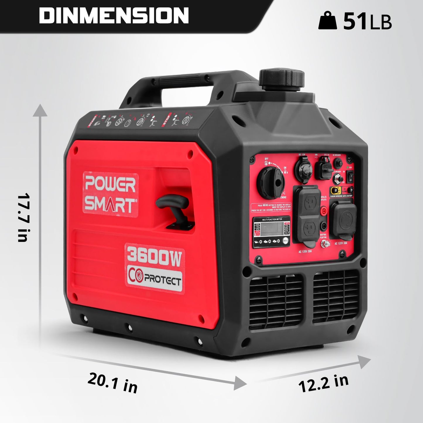 PowerSmart 3600-Watt Portable Inverter Generator, Super Quiet Generators for Home Use, Outdoor Camping, RV Ready 30A Outlet, Digital Display, Parallel Ready, EPA Compliant