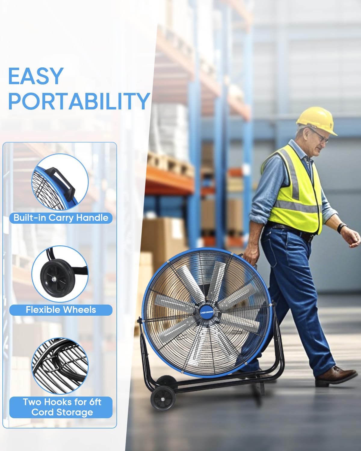 KEN BROWN 24 Inch Industrial Drum Fan, High Velocity Floor Shop Fan, Heavy Duty, 9500 CFM, 8 Blades, 3 Speeds, 360 Degree Tilt, Ideal for Industrial, Commercial, Gym, Garage Use, Blue