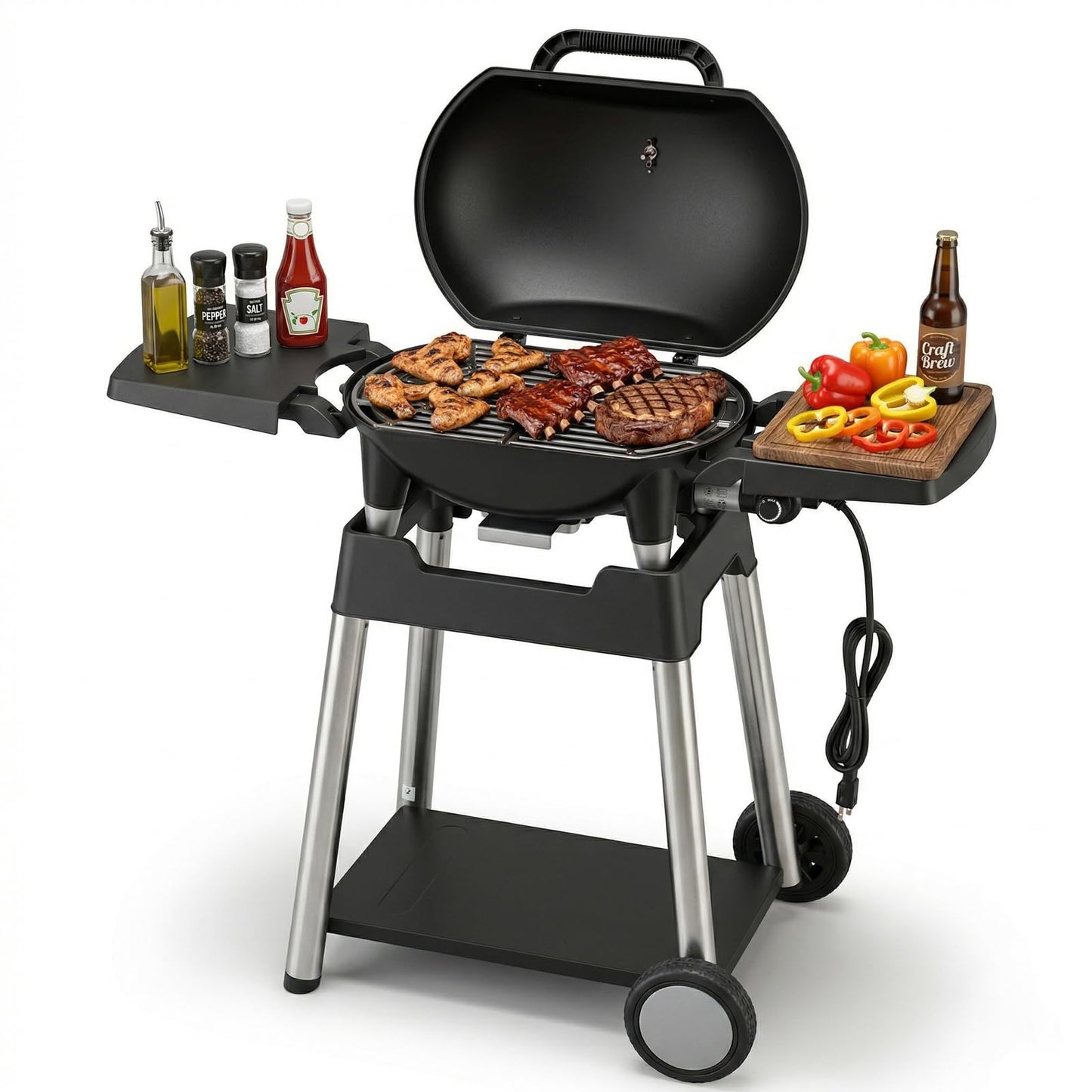 THERMORA Electric Grill Outdoor Grill, 1500W Power, 277 Sq.In Cooking Area, Removable Wheeled Cart Style, Indoor/Outdoor Eletric Grill, Nonstick Grill Grate, Built-In Thermometer BBQ Grill