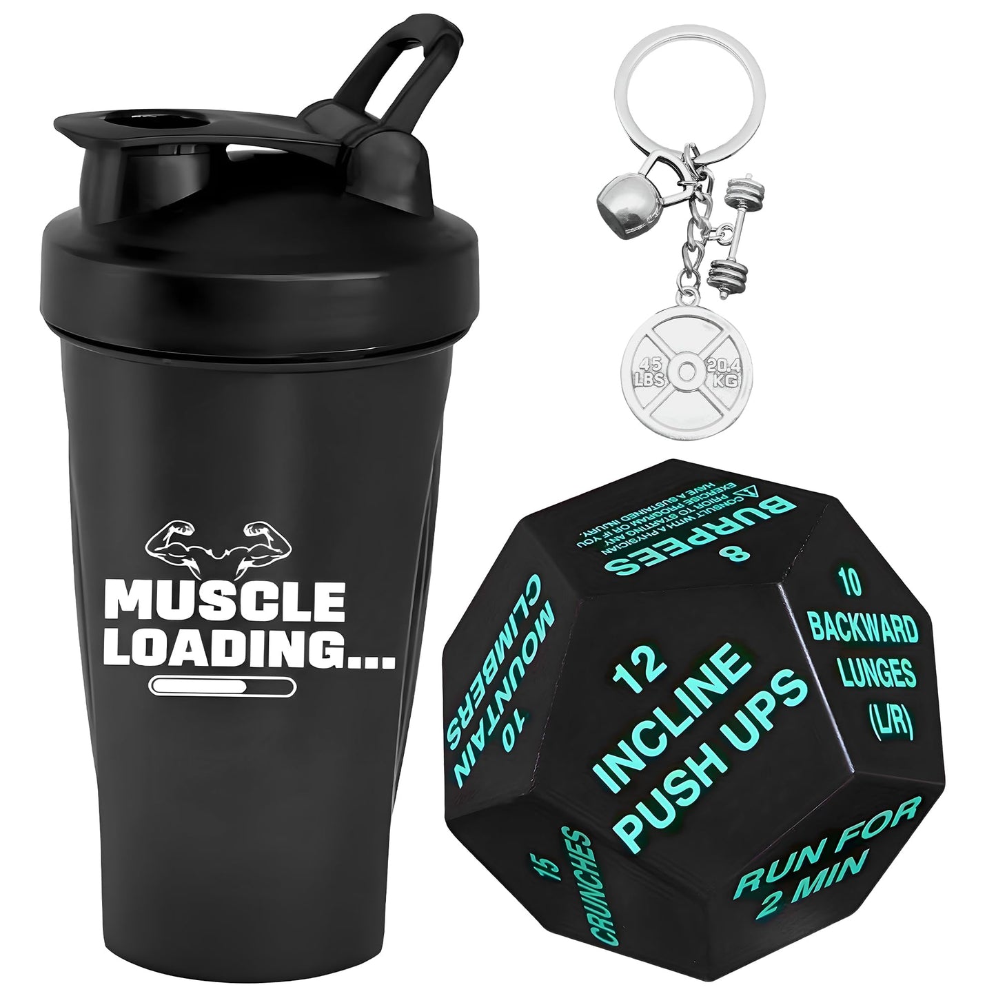KatchOn, Fitness Gift Set – Pack of 4 | Gym Accessories for Men, with Exercise Dice | Valentine Gifts for Him | Workout Gifts for Men, Pre Workout Shaker, Dice and Dumble Keychains
