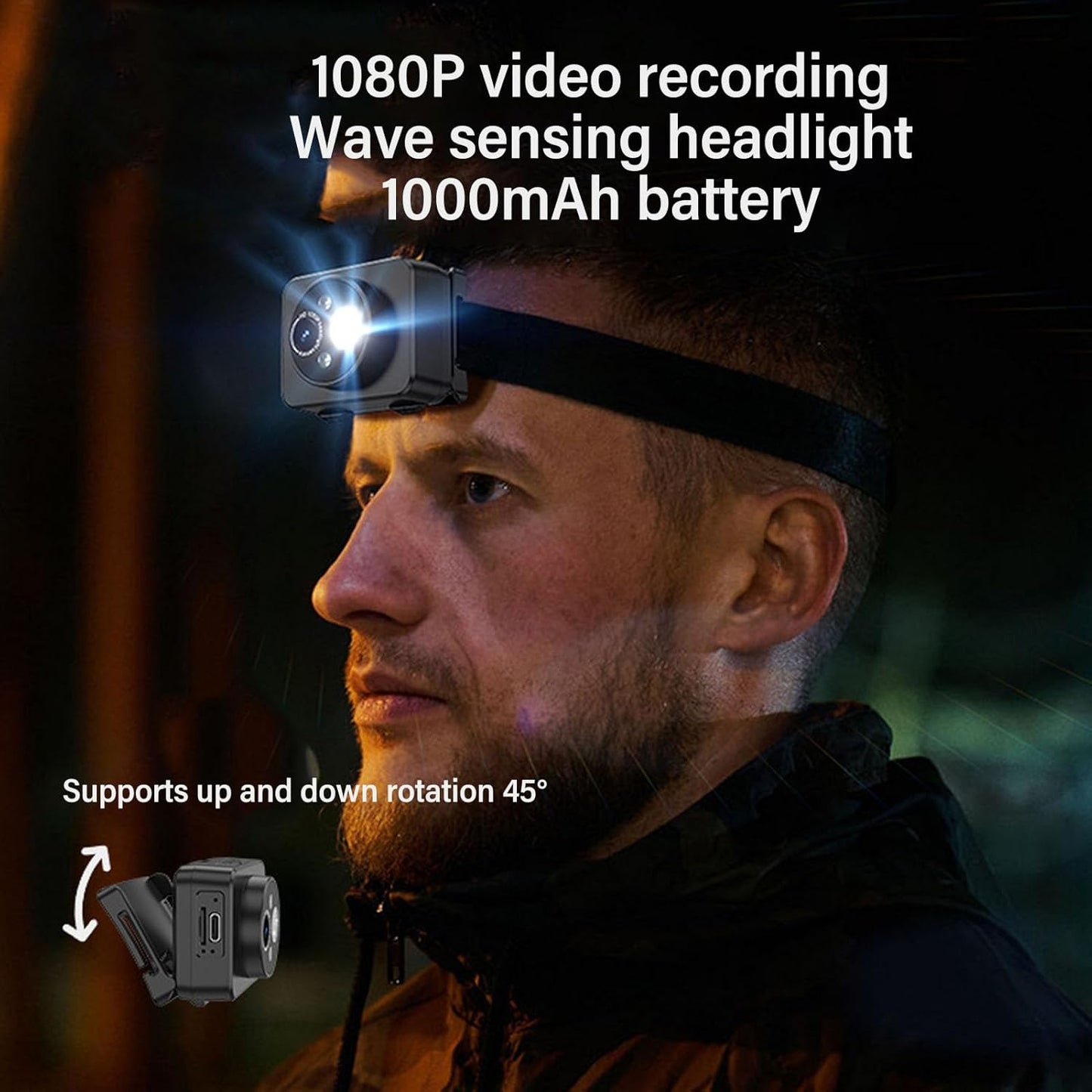 LAISANIM 1080P 45 Headset Head Mounted Camera, HD Adjustable Action Camcorder with LED Night, Headlamp Wearable Body