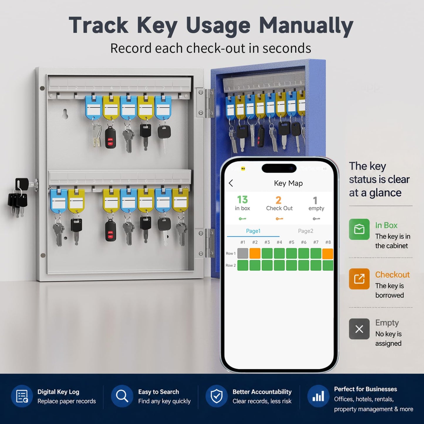 WeHere 32-Key Smart Key Lock Box with Key Management App(Track Key Borrow/Return), Keypad, Bluetooth & WiFi Unlock (Sold Separately), Wall-Mount Commercial Key Cabinet for School, Rental, Office