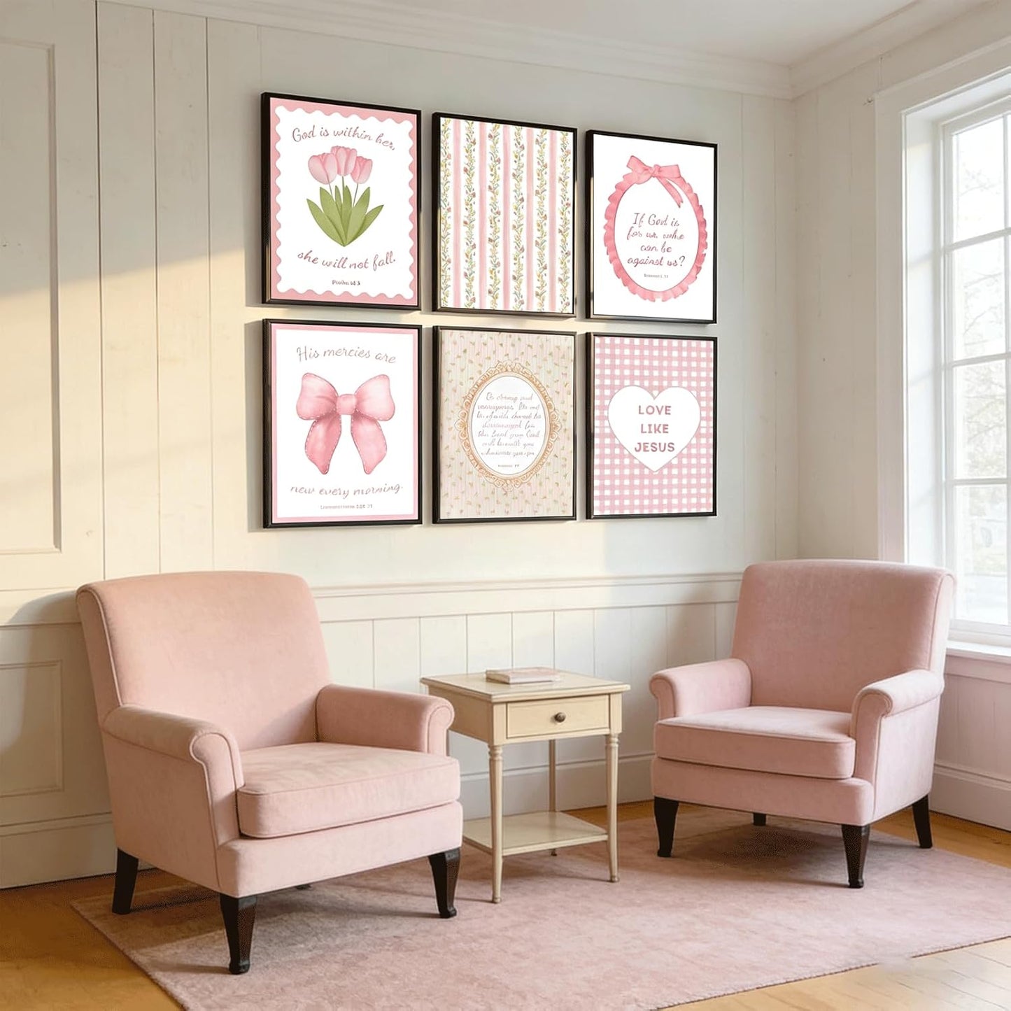 Skiennix 6Pcs Pink Bible Verses Wall Art - Trendy Floral Scripture Prints for Girls' Room | 8x10in Unframed