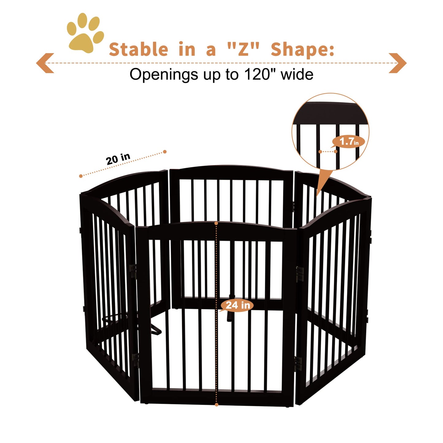 PUPETPO Freestanding Pet Gate for Dogs, Foldable Wooden Dog Gate for House, Extra Wide Indoor Pet Barrier for Stair, Doorway, Hall, Support Feet Included, 120 Inch Wide, 6 Panels 24", Brown