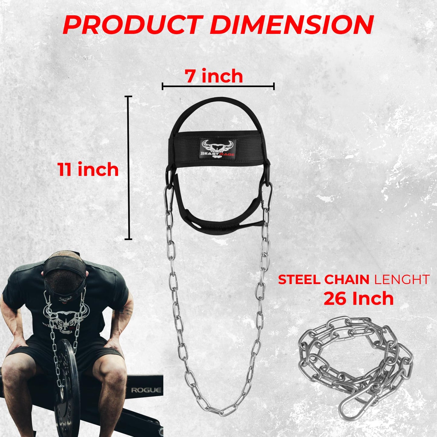 BEAST RAGE Neck Harness for Men, Long Steel Chain 30 inches Weightlifting Head Trainer Adjustable Strap Workout Muscle Strengthener Gym Training Ladies Chin Weight Training Padded Support (Black)
