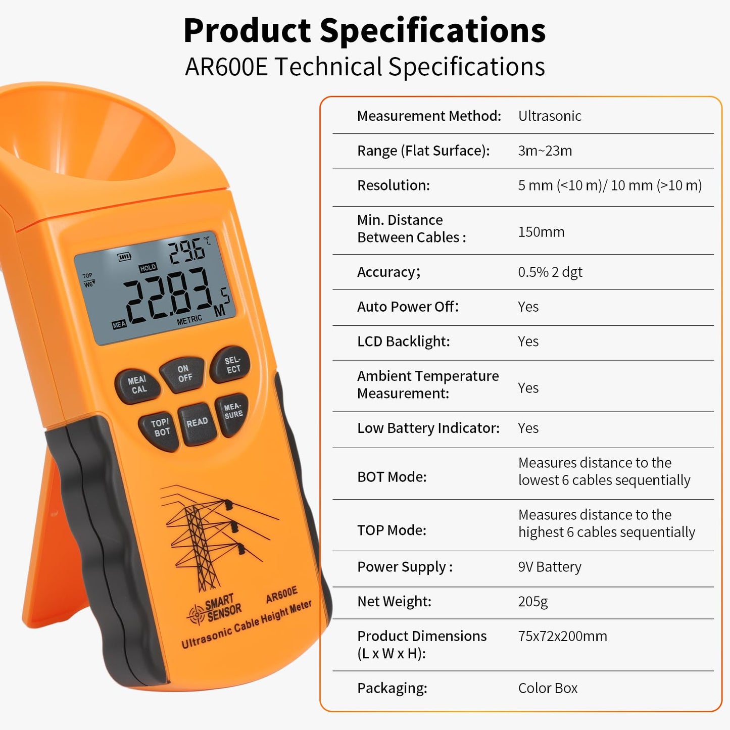 CHENNTAI Ultrasonic Cable Height Meter, 6-Cable Height Measuring Instrument 3-23m LCD Display, Portable Cable Tester Kit with Case