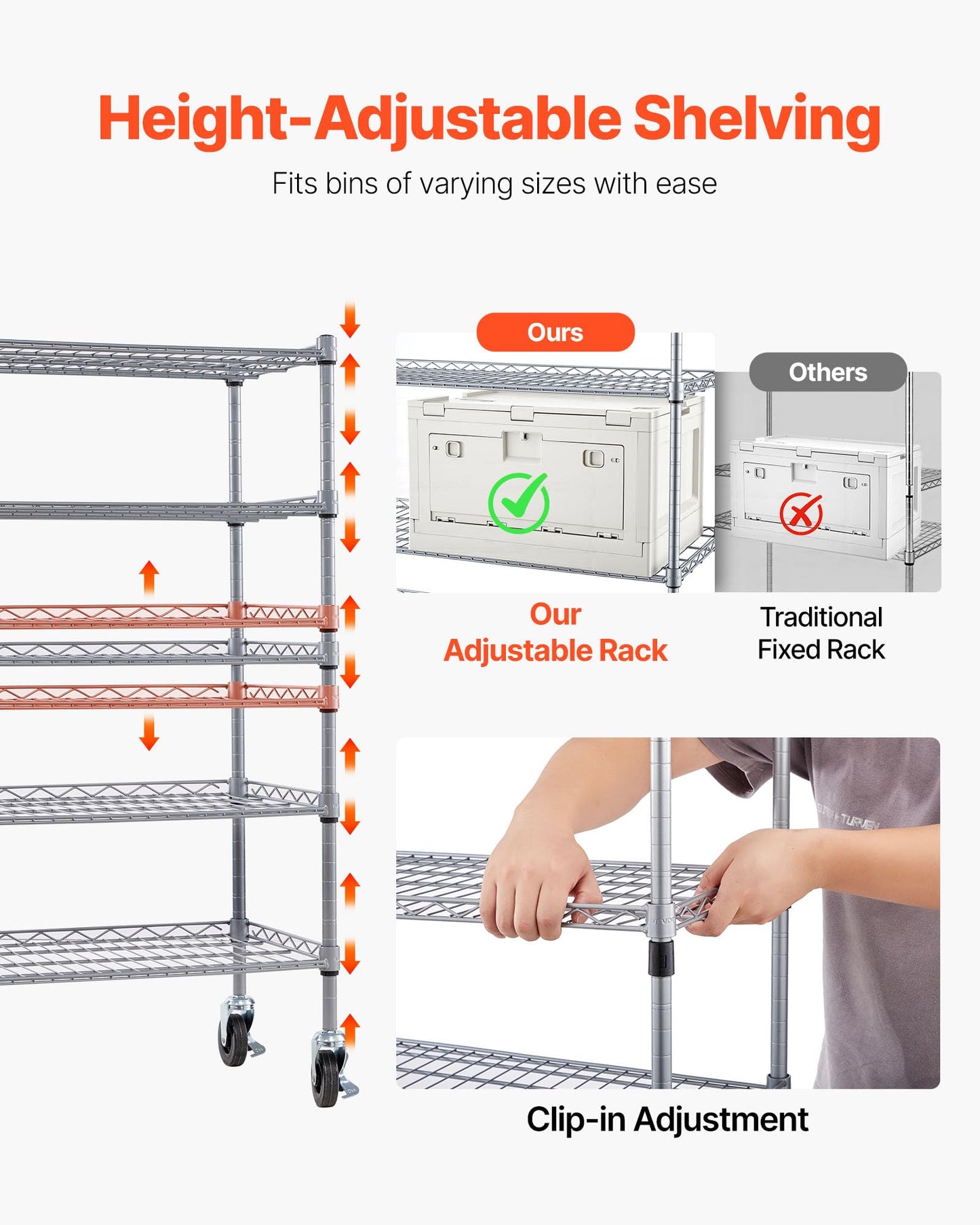 VEVOR 5-Tier Rolling Bin Storage Rack, 16 Organizer Bins, Bin Rack Storage Steel Wire Shelving System with Wheels, Mobile Tool Organizer for Garage, Warehouse, Office, Restaurant, Classroom, Kitchen