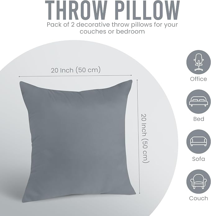 Utopia Bedding 20x20 Pillow Inserts, Set of 2, Grey – Indoor Decorative Throw Pillows for Bed, Sofa & Couch – Soft, Supportive & Fluffy Cushion Inserts