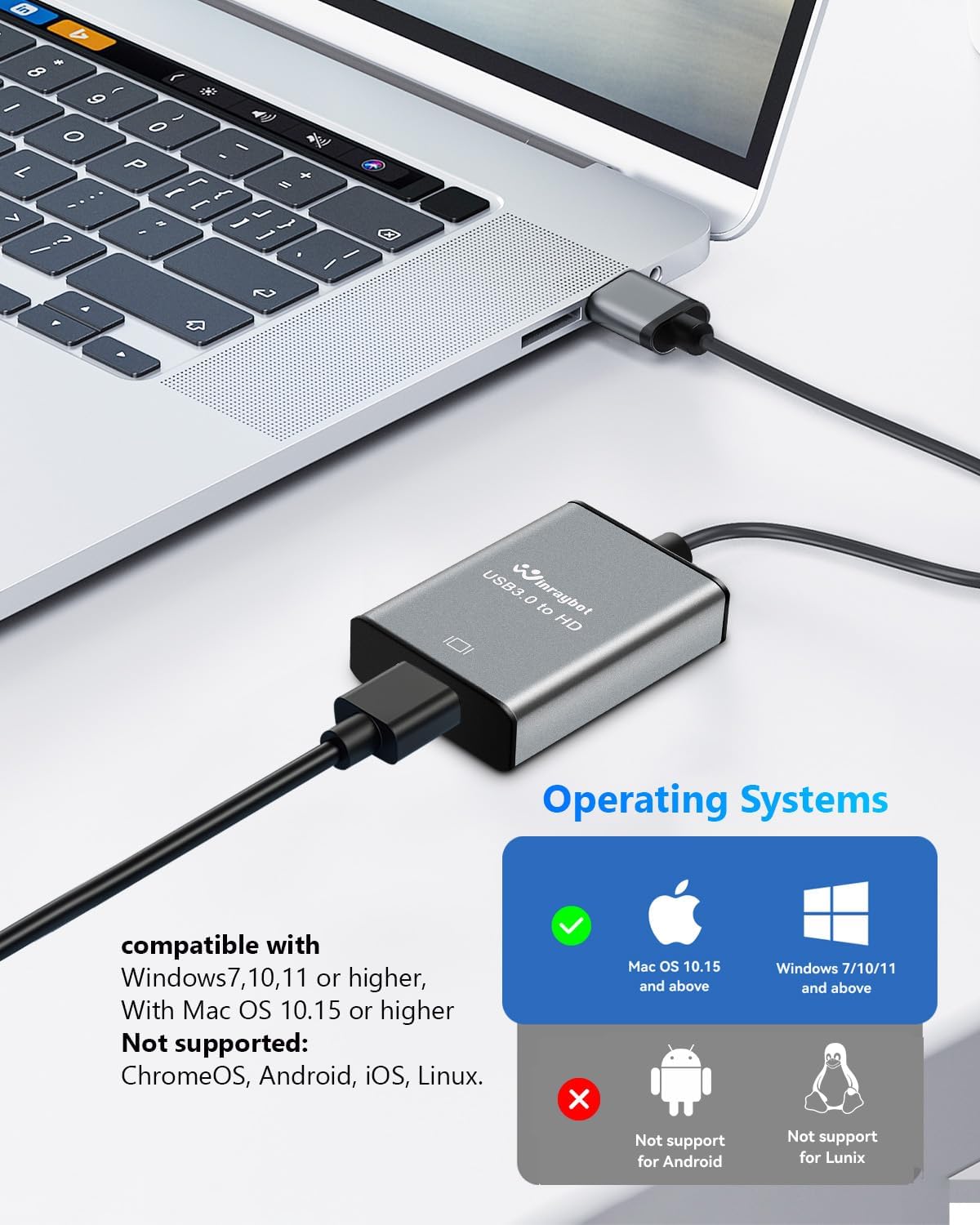 WinRaybot 1080P@60Hz 5Gbps 7/10/11, 10.15+, USB to HDMI Adapter for Monitor Display with High Speed Transmission
