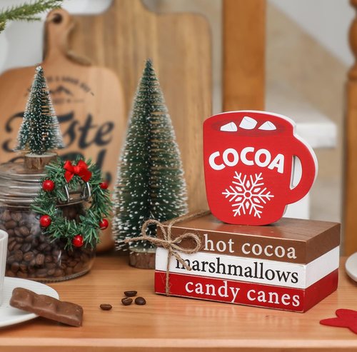 KORMMCO Christmas Wood Decor - Hot Cocoa Decorative Book Stack for Tiered Tray | Mini Faux Book Decor
