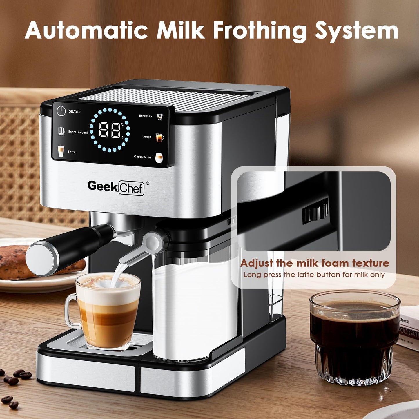Geek Chef Espresso Machine, 20 Bar Espresso and Cappuccino Coffee Maker, Quick Heating Automatic, Latte & Cappuccino Creator, for Home, for Gift to Family, Friends, Coffee Shops