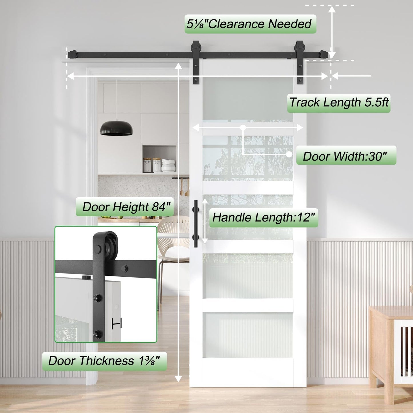 Fredbeck 30in x 84in White Glass Barn Door with 5.5FT 66inch Sliding Doors Hardware Kit Included & Handle,PVC Surface,Need to Assembly,Water-Proof