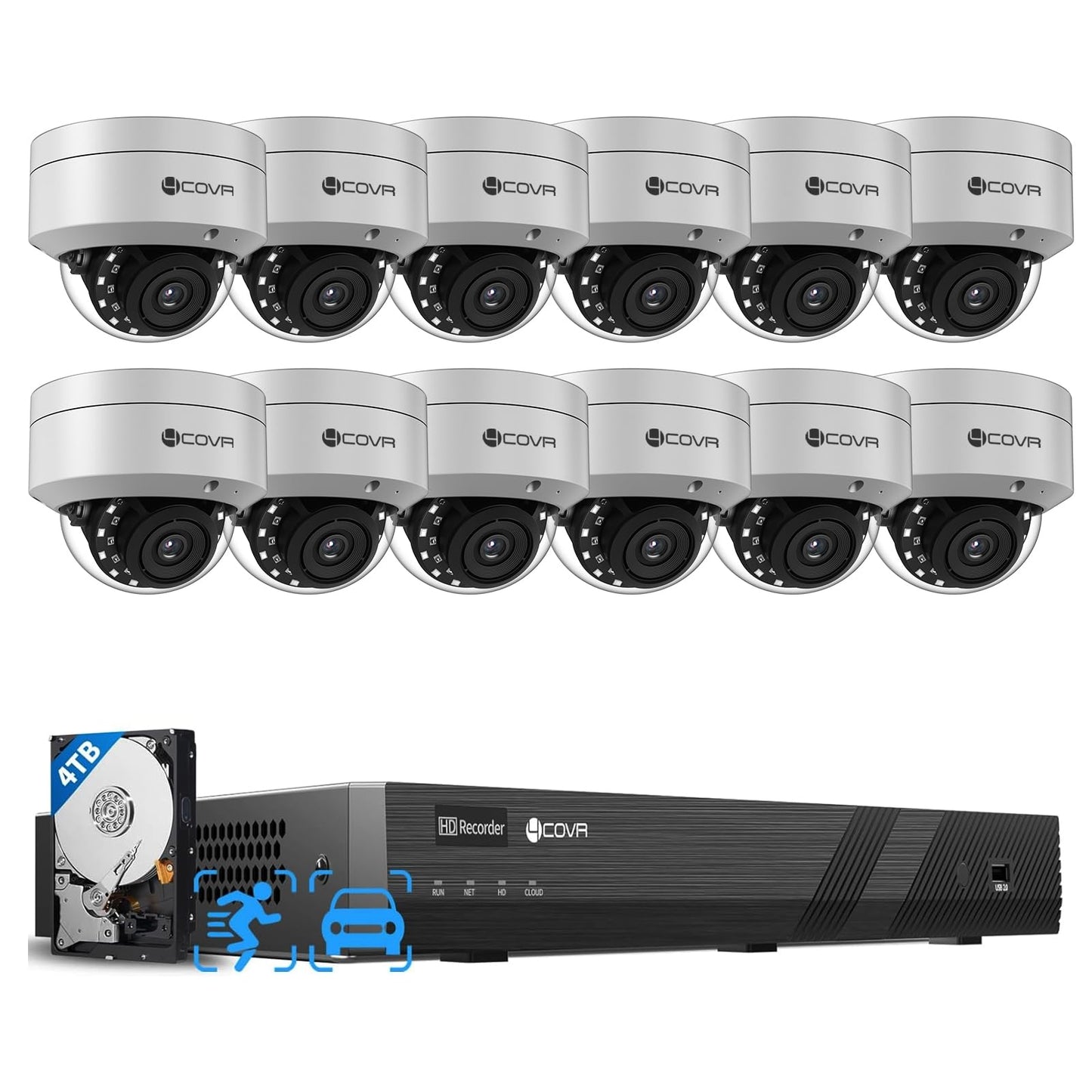 4COVR 16 Channel PoE Security Camera System 4K, Human/Vehicle Detection, 12X IK10 Vandal-Proof 8MP Wired Commercial Dome IP Camera IP67, NVR & 4TB HDD, Business Surveillance Outdoor, LY54AX8M1612-1