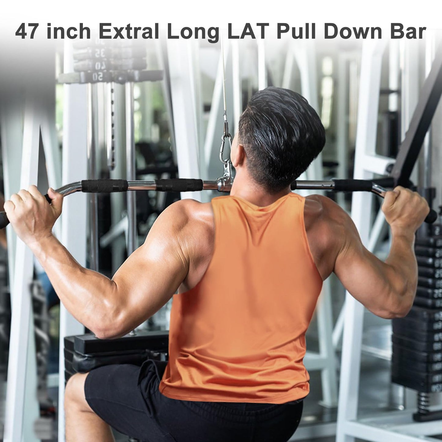 47In LAT Pull Down Bar Attachment: Heavy Duty Lat Pulldown Bar with Full Rotation & Rubber Handle for Gym Home Pulley Cable Attachments