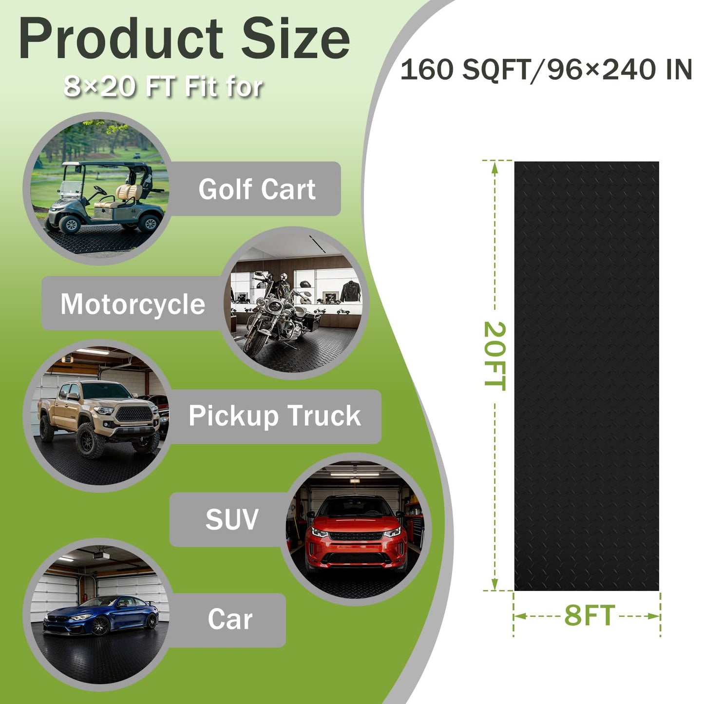 FomanXtre 8x20 FT Garage Floor Mat, 2.8mm Thickened Flooring Roll for Under Car Diamond Plate PVC Rubber Mat with 20 Pcs Tapes, Non-Slip Floor Mat for Garage, Warehouse, Gyms, Trailer,Black