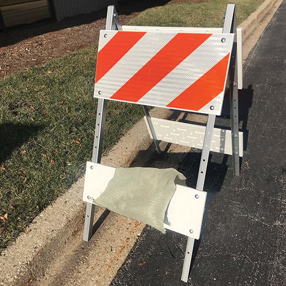 Combocade Plastic & Steel Leg Type I Barricade (12" Top, 8" Bottom) - EG Sheeting, Galvanized Steel Legs, Double Wall Reinforced Boards, Sandbag Bar, MASH Accepted, Orange and White