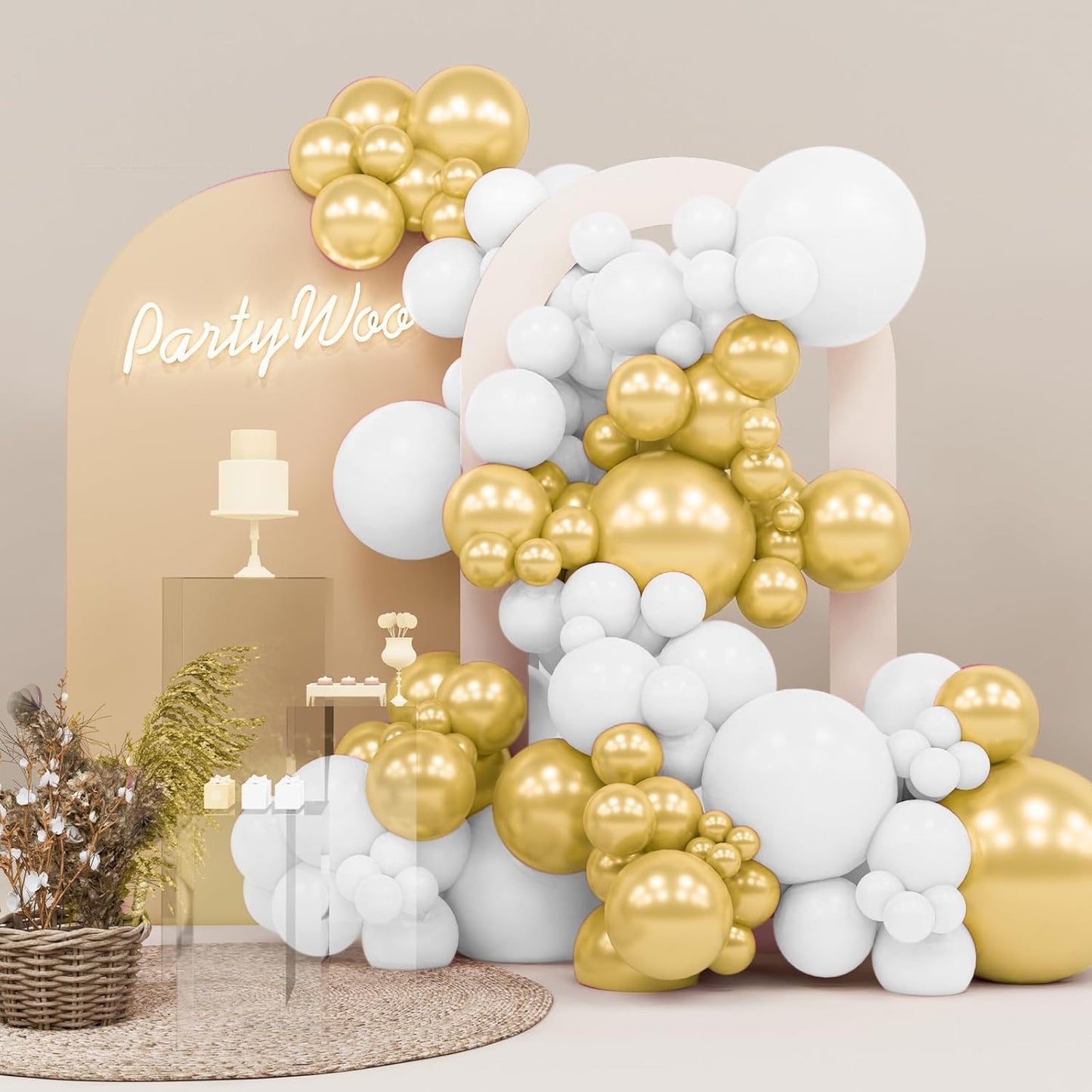 PartyWoo White & Gold Balloons - 140-Piece Pack in Various Sizes for Birthday & Party Decorations
